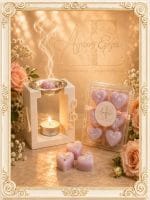 Ροζ και λιλά αρωματικά wax melts σε σχήμα καρδιάς με καυστήρα αρωμάτων και διακόσμηση με τριαντάφυλλα