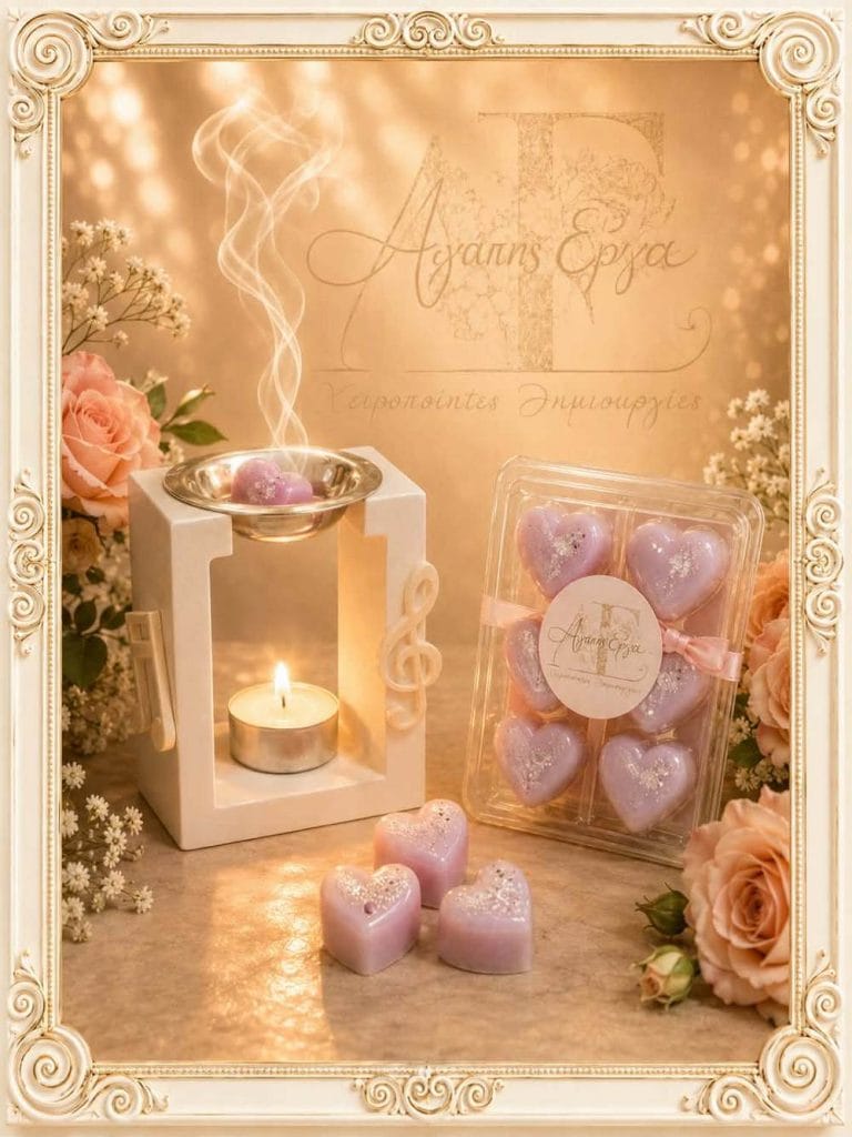 Ροζ και λιλά αρωματικά wax melts σε σχήμα καρδιάς με καυστήρα αρωμάτων και διακόσμηση με τριαντάφυλλα
