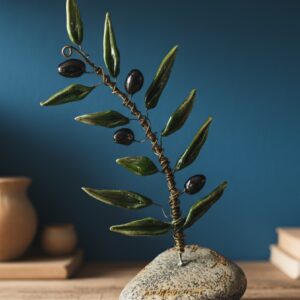 Χειροποίητο κεραμικό κλαδί ελιάς με φύλλα και καρπούς, τοποθετημένο σε φυσική πέτρα